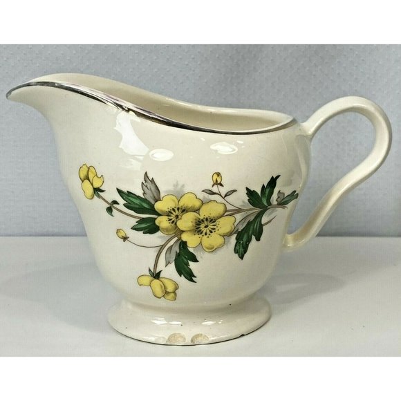Vintage Knowles Yellow Buttercup China Creamer Pitcher Footed Cup Gold Trim USA - Picture 2 of 11
